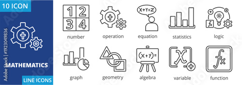 MATHEMATICS  icon set collection in outline style. Containing number, operation, equation, statistics, logic, graph, geometry, algebra, variable, function