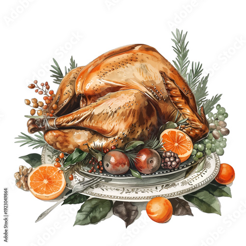 Watercolor Roasted Thanksgiving Turkey Clipart, Hand-Painted Festive Bird with Oranges and Rosemary isolated on White Background