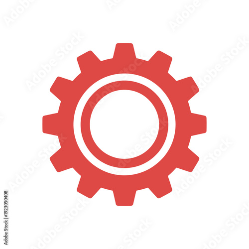 A red gear icon on a white background symbolizing industry