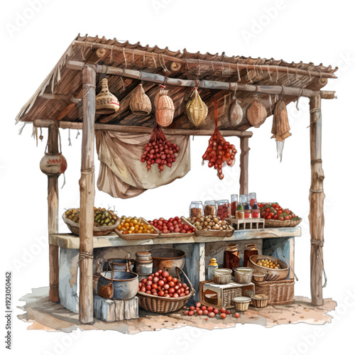 Watercolor Rustic Mediterranean Food Stall Clipart, Hand-Painted Market Stand with Hanging Cured Meats and Produce isolated on White Background
