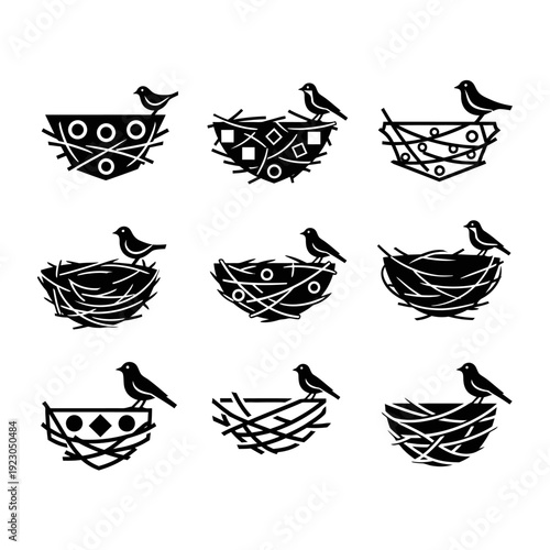 Collection of Nine Stylized Bird Nests with Birds.