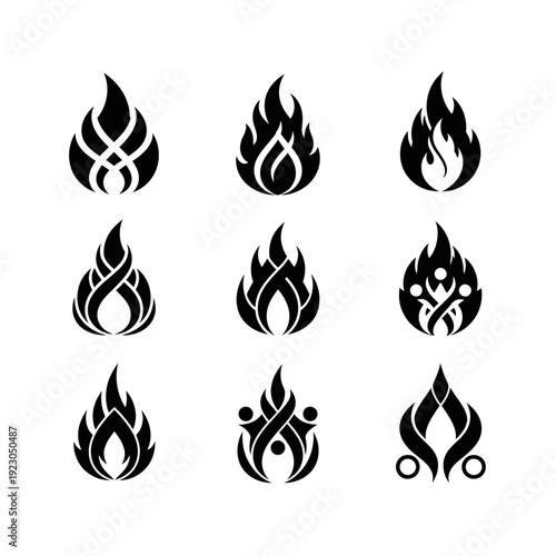 Collection of Nine Stylized Fire Flame Icons.