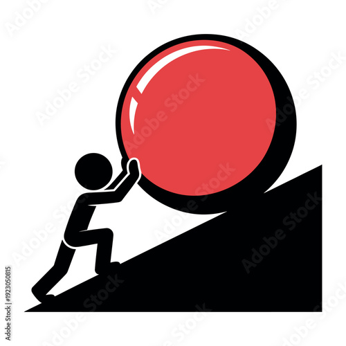 A person pushing a large red ball up a steep hill