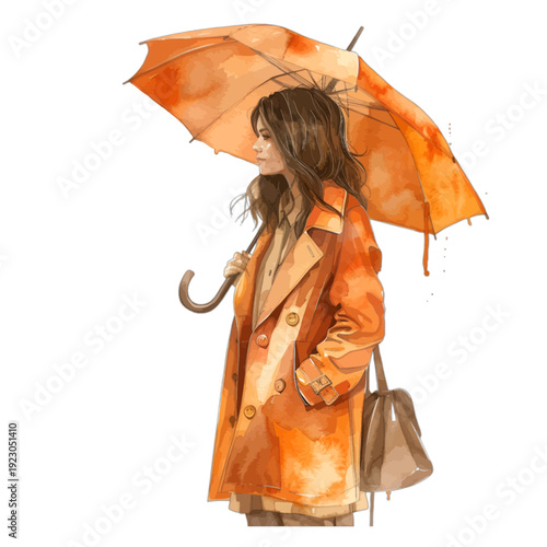 Watercolor Woman in Orange Trench Coat with Umbrella Clipart, Hand-Painted Portrait isolated on White Background

