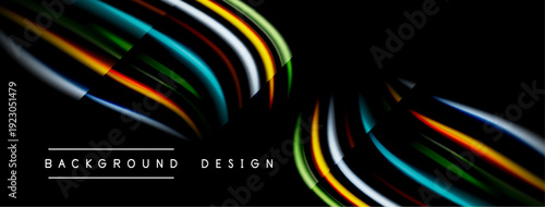 Abstract dynamic lines create flowing shapes. Dark background emphasizes vibrant color gradients, modern design elements.