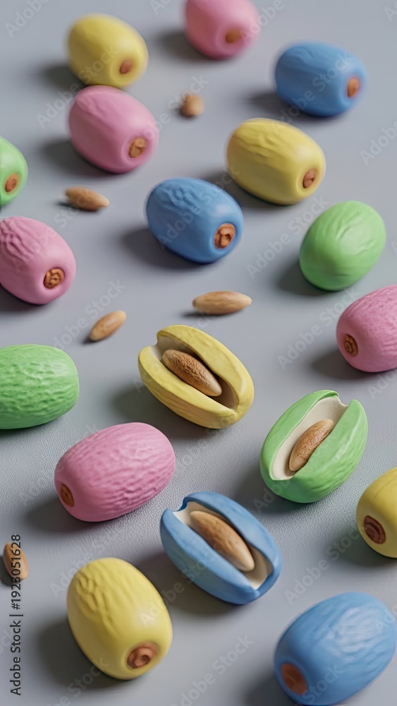 Fototapeta premium Colorful oval objects and seeds on a gray surface with overhead lighting