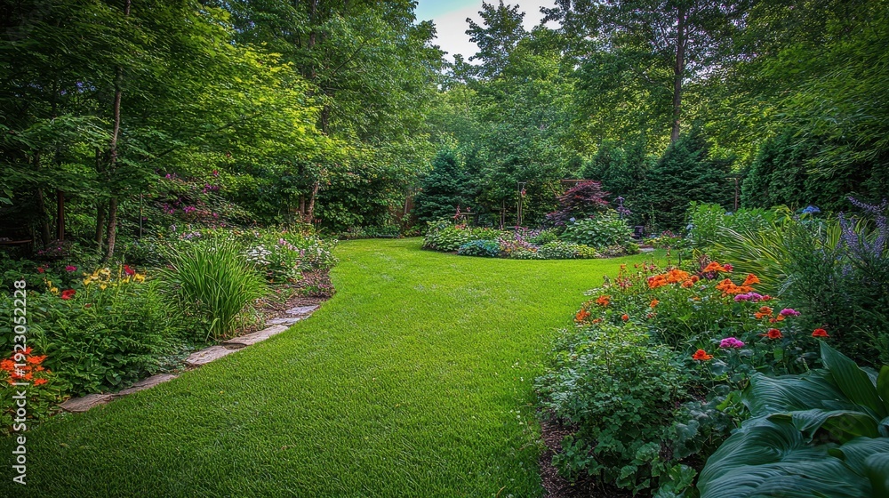 Obraz premium Lush green garden with vibrant flowers and meticulously maintained lawn on a sunny day