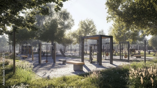 Modern Outdoor Fitness Equipment in a Lush City Park Setting for Community Recreation