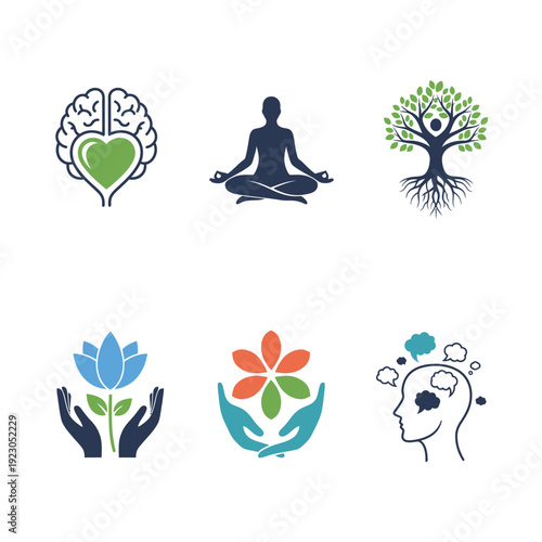 Collection of six abstract icons representing mental health and wellness.