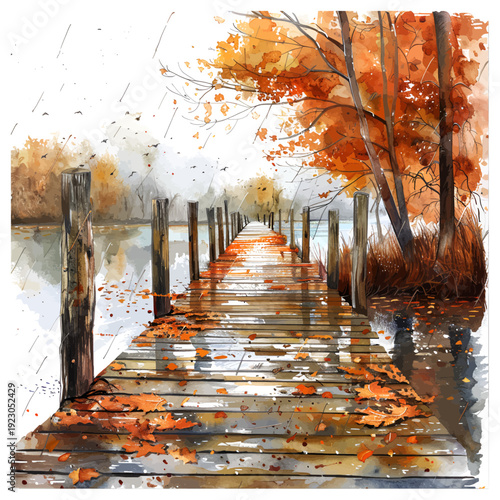 Watercolor Rainy Autumn Lake Pier Clipart, Hand-Painted Wooden Dock with Orange Fall Leaves and Water Reflections isolated on White Background
