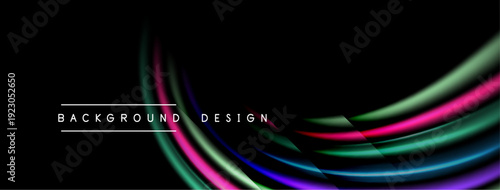 Abstract colorful lines over black background. Modern design elements create dynamic visual effect. Smooth curves suggest movement, energy.