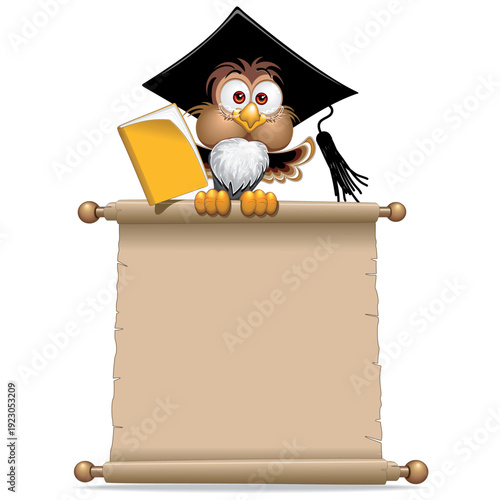 Owl Graduated with Vintage Scroll Parchment Hi School College Degree Vector Illustration 