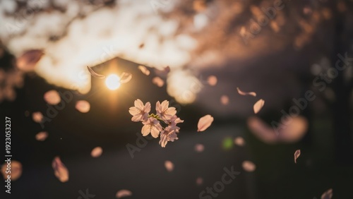 Floating cherry blossoms with sunset background