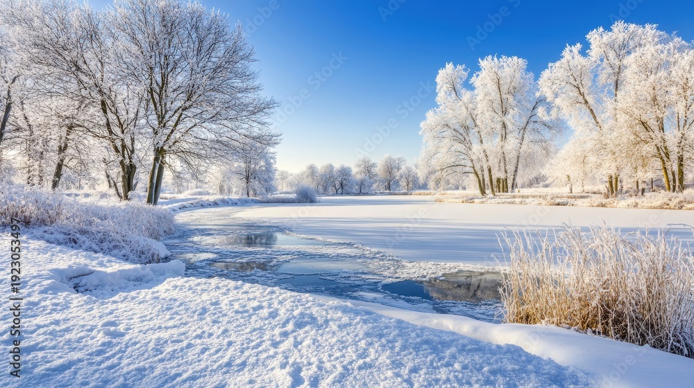 Obraz premium Serene winter landscape featuring a partially frozen lake surrounded by snow-covered trees under a clear blue sky