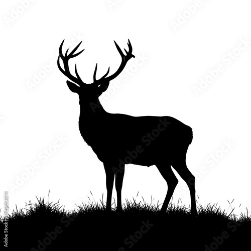 Silhouette of a majestic stag standing in a grassy field.