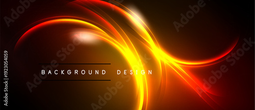 Abstract design features vibrant orange, red streaks. Dynamic curves create luminous effect against dark backdrop. Modern, energetic composition.