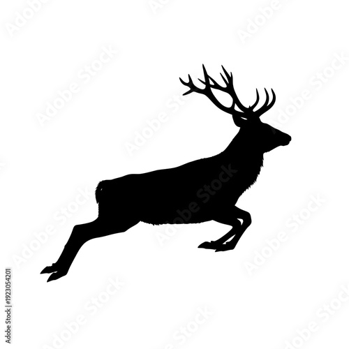 Silhouette of a stag running with antlers.