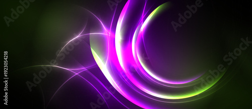 Abstract swirls, vibrant magenta, green hues dominate dark background. Flowing lines create dynamic visual effect. Smooth gradients present energy.