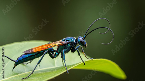 Vibrant blue wasp perched on green leaf with orange wings