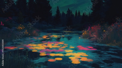 Vibrant toxic algae bloom creating colorful patterns on a dark pond surface near a dense forest at night