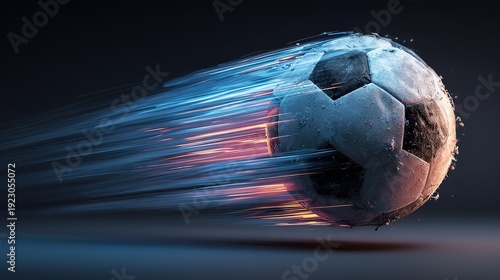 Fast soccer ball with blue and purple motion blur trails on dark background