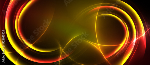 Abstract design features swirling lines, vibrant colors. Red, yellow, orange hues dominate dark background. Dynamic composition creates energy.