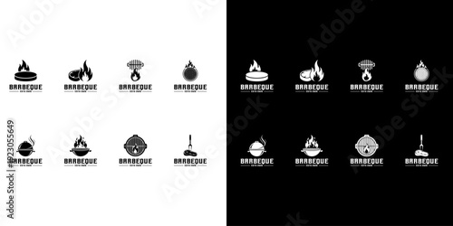 Bbq grill label steak fish and meat restaurant menu set isolated vector illustration