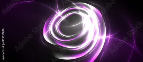 Abstract swirls, vibrant pinks, whites against black background. Dynamic energy radiates from central point, creating luminous effect.