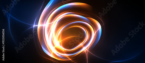 Bright swirling lights form circular patterns against dark background. Vivid orange, blue hues create dynamic visual effect.