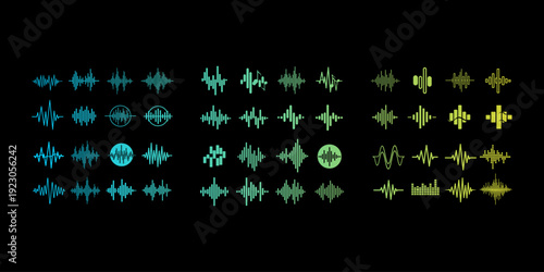 Abstract audio waveform logo collection with vibrant colors on black background for music, sound branding, and digital media projects.