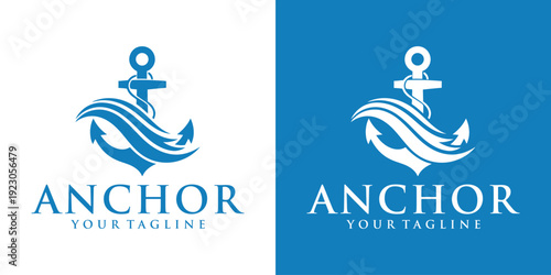 modern nautical anchor logo in navy blue and white background