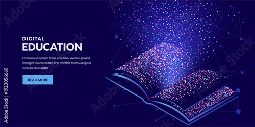 Isometric 3d vector book made of dots. Abstract modern concept design for knowledge, education and digital technology