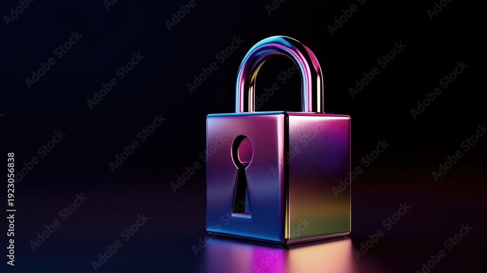 Fototapeta premium Secure padlocked symbol with vibrant iridescent colors on a dark reflective surface representing digital security and encryption technology