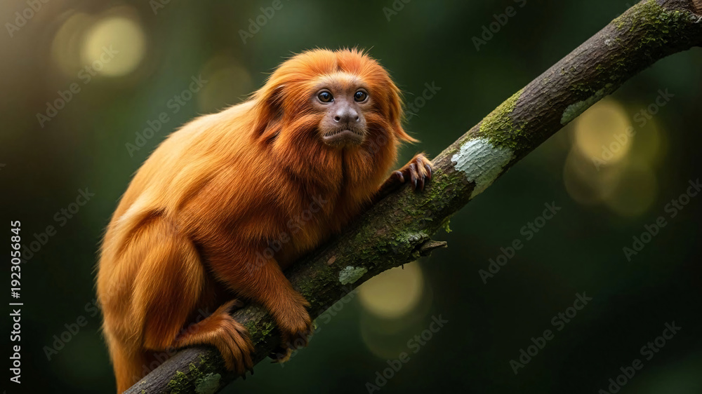 Fototapeta premium Curious orange monkey perched on mossy tree branch in forest