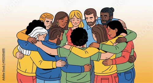 Diverse group of people hugging in a circle showing unity and friendship with arms around each other outdoors