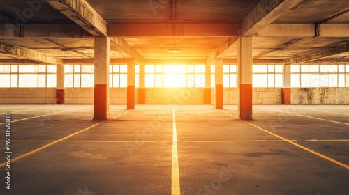 Sunlight streams through the empty parking garage, illuminating the concrete structure and orange pillars.