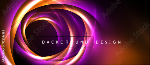 Abstract neon swirls, orange, purple hues. Dark background creates dramatic visual effect. Text reads background design.
