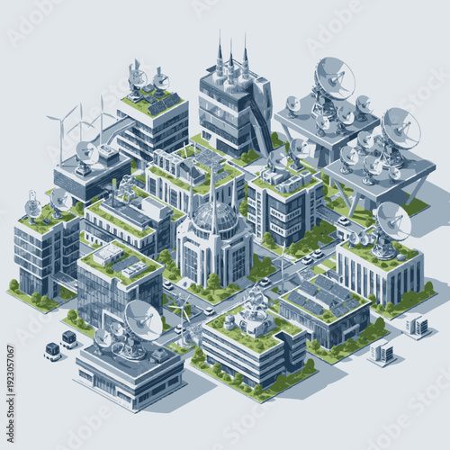Futuristic City with Satellite Dishes and Towers.