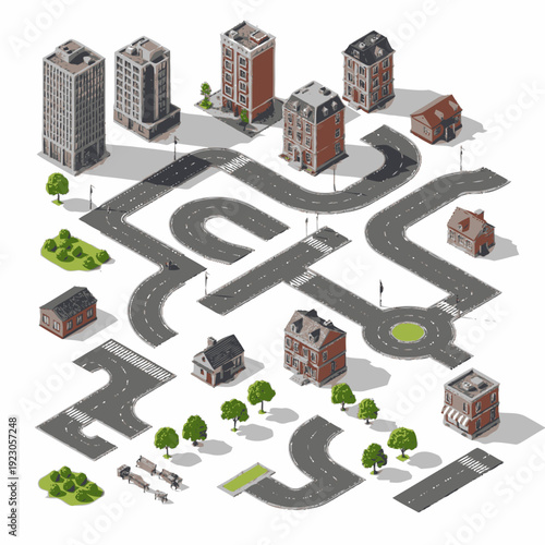 Isometric City Map with Buildings and Roads.