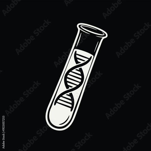 Test Tube Negative Space DNA Helix – Off-White Minimal Line Art Vector on Black Background Science Poster