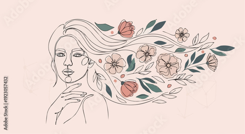 Woman with flowing hair and flowers minimalist line art serene expression elegant illustration