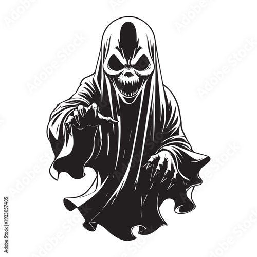 A dark vector illustration of a scary Halloween zombie skull and comic monster head featuring black hair and a cartoon death character design