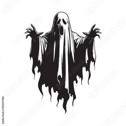 Scary Ghost in Tattered Cloak – Dark Halloween Horror Illustration