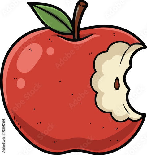 hand drawn style vector of a red apple with a bite mark featuring different colors simulating contours and internal black fills for a doodle look
