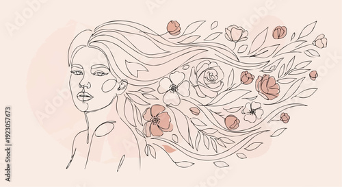 Woman with flowing hair and flowers elegant line art portrait with pink roses and leaves on a soft beige background