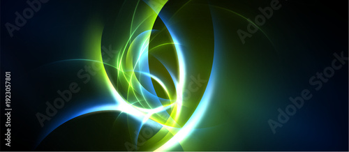 Abstract luminous curves, vibrant green, blue hues. Dynamic energy radiates from central point, dark background enhances glow.