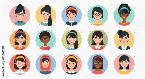 Diverse group of women faces in colorful circles on white background