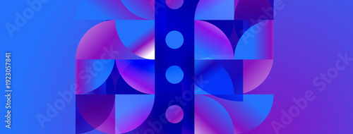 Abstract geometric design. Vibrant blues, purples create dynamic composition. Circles, arcs suggest movement, depth. Modern aesthetic.