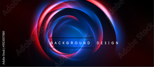 Abstract neon circles radiate from center. Vivid red, blue hues dominate dark background. Text reads background design. Modern, dynamic visual.