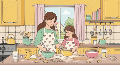 Woman and girl baking together in kitchen with yellow walls and heart aprons